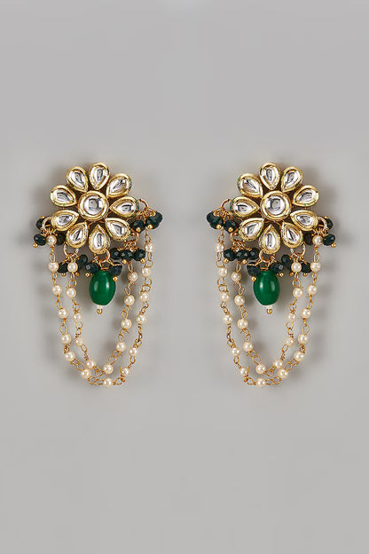 Gold Finish Kundan Polki & Emerald Floral Earrings
