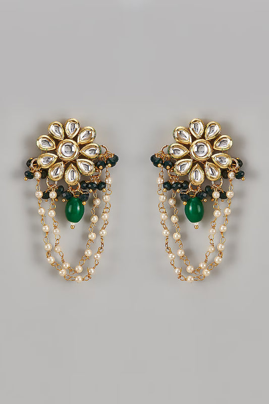 Gold Finish Kundan Polki & Emerald Floral Earrings