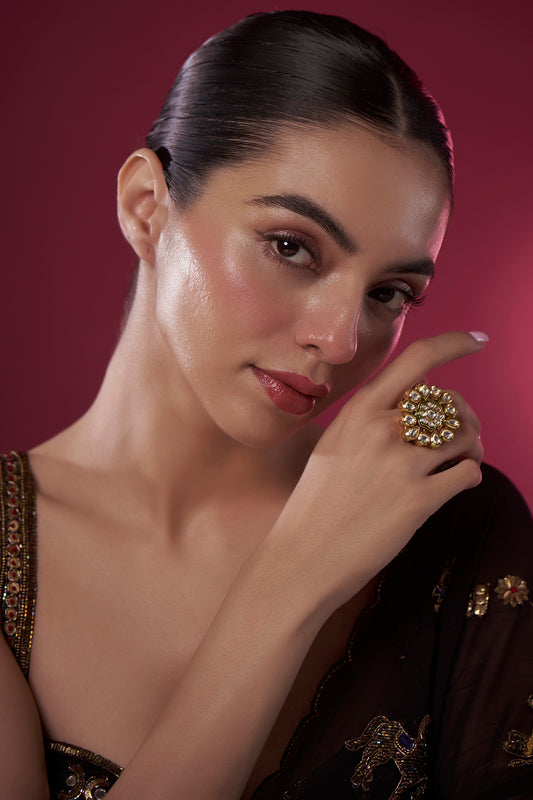 Gold Finish Kundan Polki Floral Ring