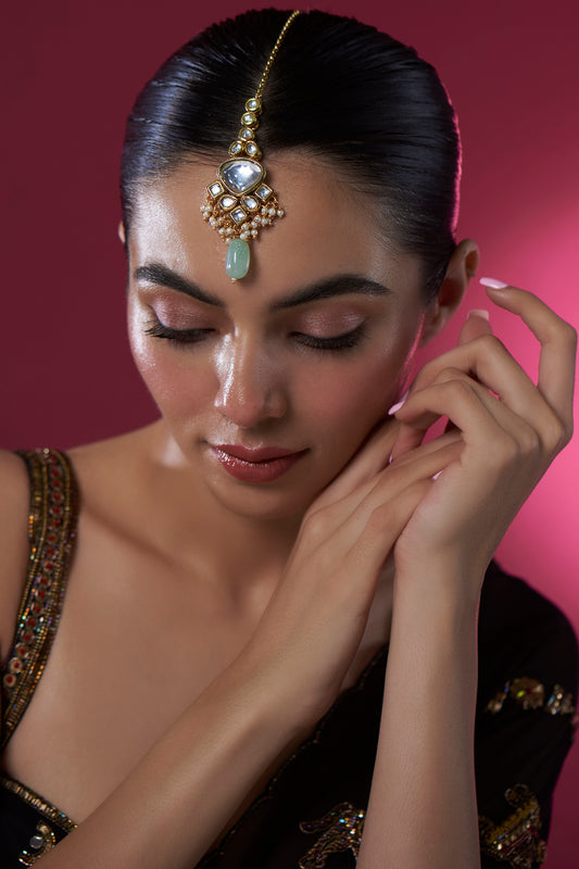 Gold Finish Kundan Polki & Mint Beaded Maangtikka