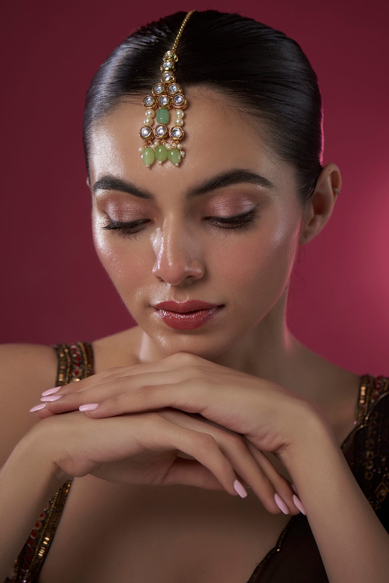 Gold Finish Kundan Polki & Pearl Maangtikka