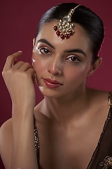 Gold Finish Kundan Polki & Red Agate Bead Maangtikka