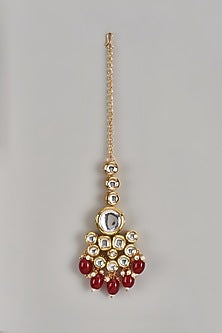 Gold Finish Kundan Polki & Red Agate Bead Maangtikka