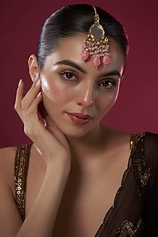 Gold Finish Kundan Polki & Pink Meenakari Drop Maangtikka