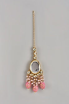 Gold Finish Kundan Polki & Pink Meenakari Drop Maangtikka