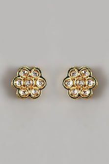 Gold Finish Kundan Polki Green Floral Stud Earrings