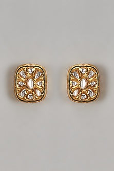 Gold Plated Kundan Polki Green Square Stud Earrings