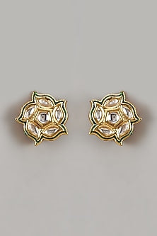 Gold Finish Kundan Polki Green Floral Stud Earrings