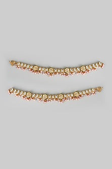 Gold Finish Kundan Polki & Pearl Anklets (Set Of 2)