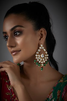 Gold Finish Kundan Polki & Green Drop Chandbali Earrings