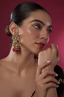 Gold Finish Kundan Polki & Ruby Floral Jhumka Earrings