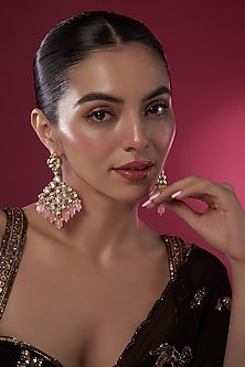 Gold Finish Kundan Polki & Pink Beaded Dangler Earrings