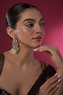 Gold Finish Kundan Polki & Mint Green Stone Dangler Earrings
