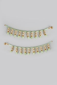 Gold Finish Kundan Polki & Mint Green Stone Anklets (Set Of 2)