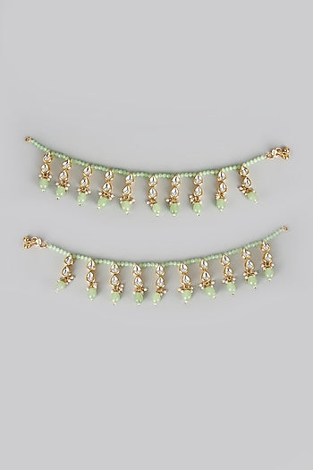 Gold Finish Kundan Polki & Mint Green Stone Anklets (Set Of 2)