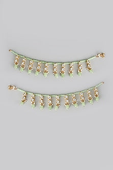 Gold Finish Kundan Polki & Mint Green Stone Anklets (Set Of 2)