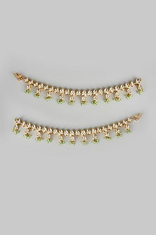 Gold Finish Kundan Polki & Olive Green Beaded Anklets (Set Of 2)