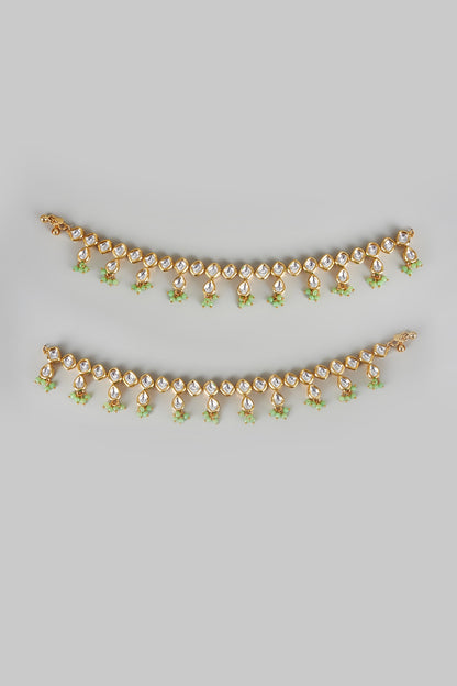 Gold Finish Kundan Polki & Olive Green Beaded Anklets (Set Of 2)