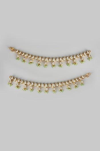 Gold Finish Kundan Polki & Olive Green Beaded Anklets (Set Of 2)