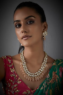 Gold Finish Kundan Polki & Champagne Drop Long Necklace Set