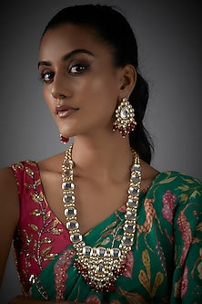 Gold Finish Kundan Polki & Red Stone Long Necklace Set
