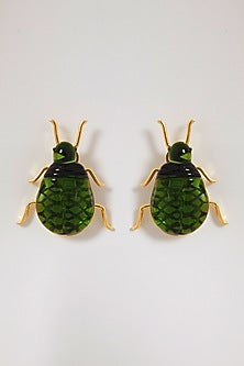 Gold Finish Green Beetle Earrings