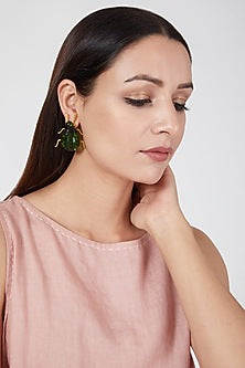 Gold Finish Green Beetle Earrings