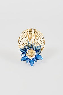 Gold Finish Blue Floral Dangler Earrings