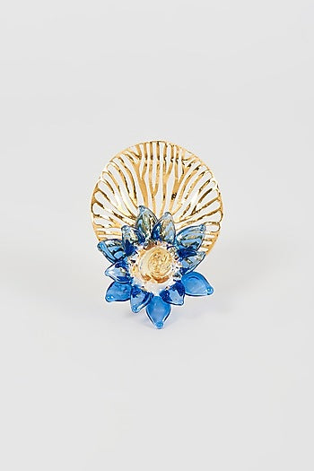 Gold Finish Blue Floral Dangler Earrings