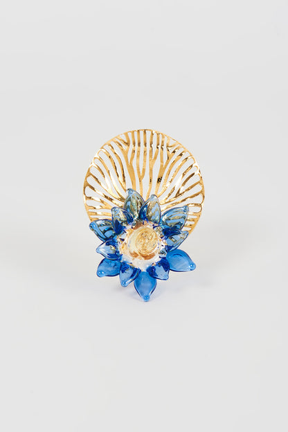 Gold Finish Blue Floral Dangler Earrings