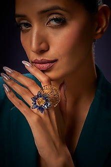 Gold Finish Blue Floral Dangler Earrings