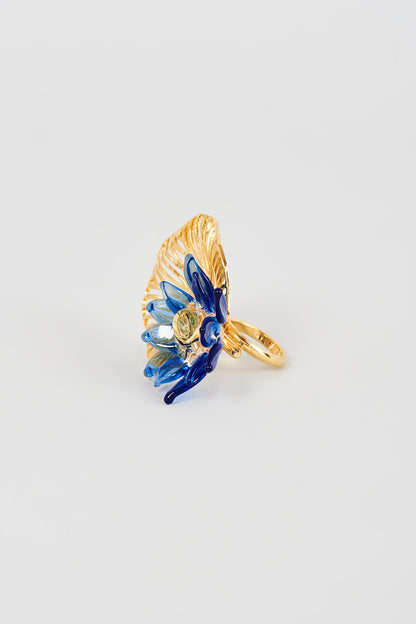 Gold Finish Blue Floral Dangler Earrings