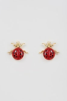 Gold Finish Red Stud Earrings