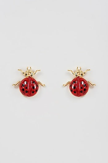 Gold Finish Red Stud Earrings