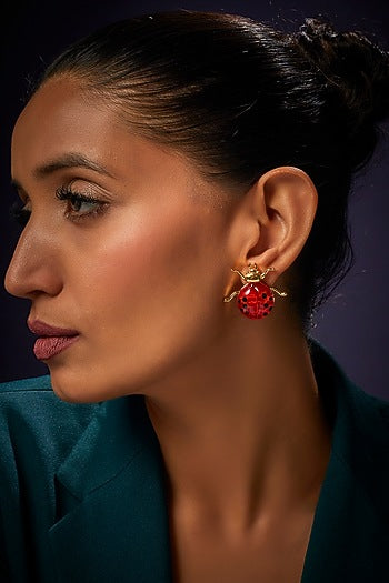Gold Finish Red Stud Earrings