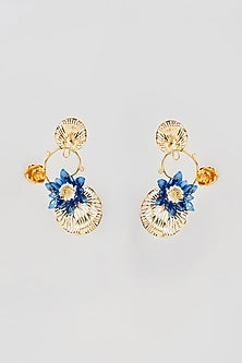 Gold Finish Blue Floral Dangler Earrings