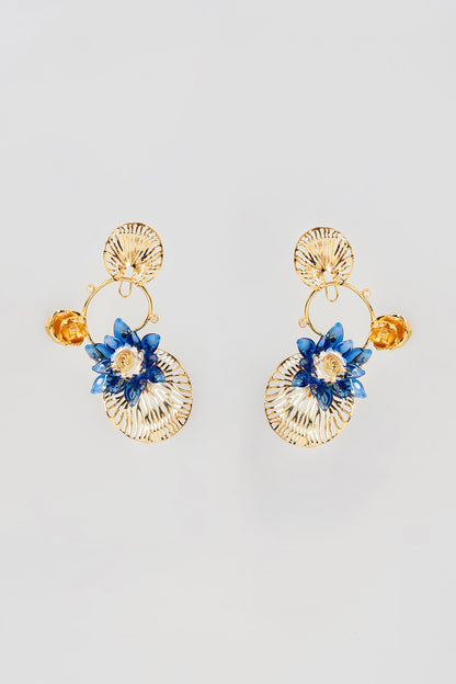 Gold Finish Blue Floral Dangler Earrings