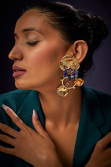 Gold Finish Blue Floral Dangler Earrings