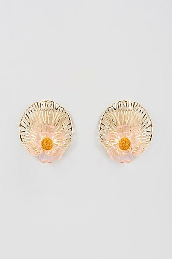 Gold Finish Pink Floral Stud Earrings
