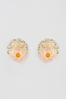 Gold Finish Pink Floral Stud Earrings