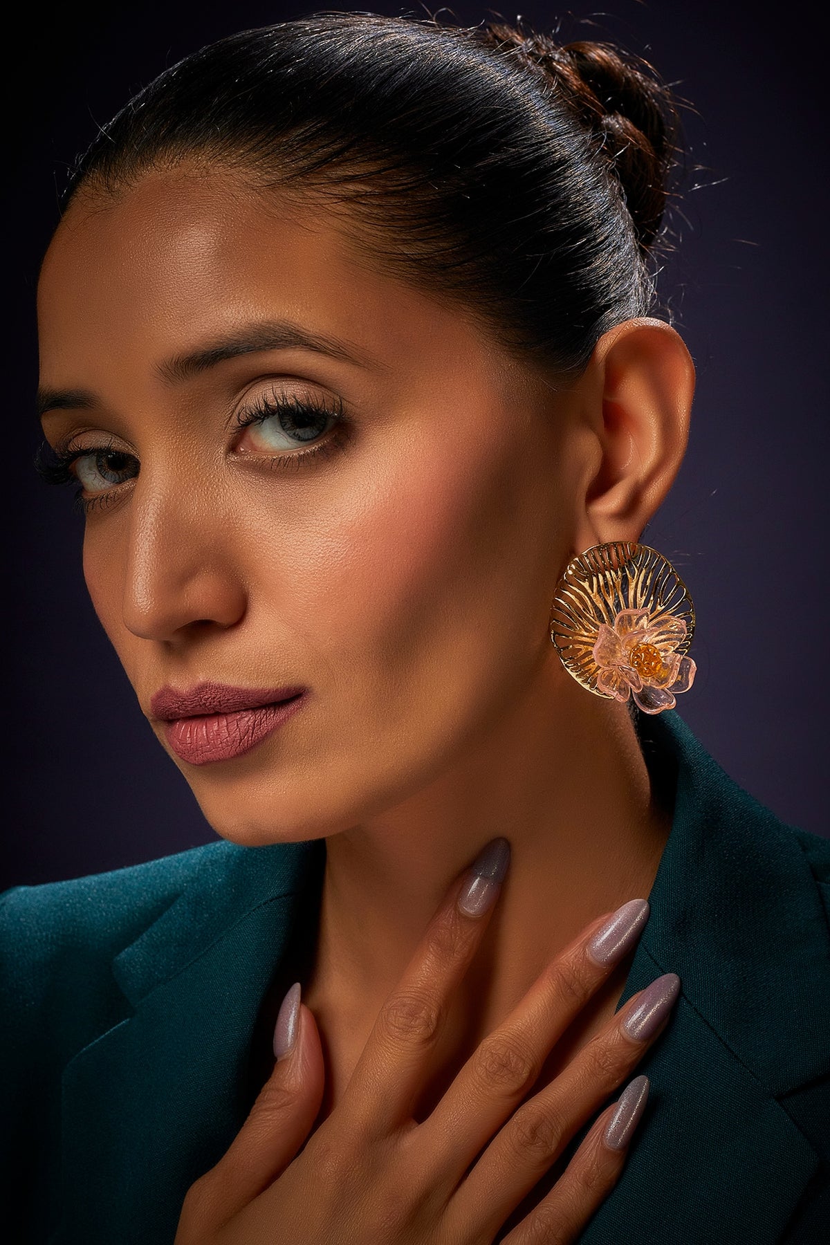 Gold Finish Pink Floral Stud Earrings