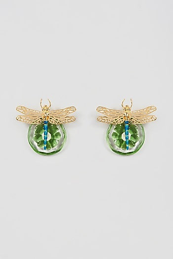 Gold Finish Green Stud Earrings