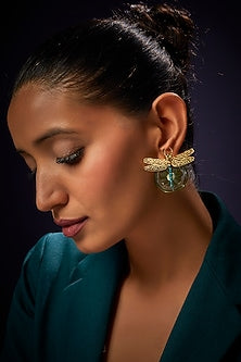 Gold Finish Green Stud Earrings
