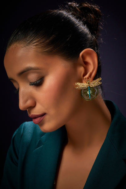 Gold Finish Green Stud Earrings
