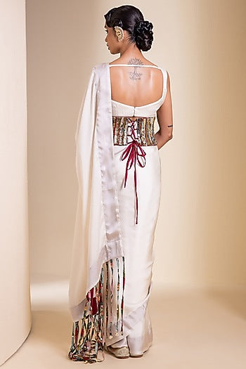 Ivory Satin & Silk Fringed Pre-Draped Saree Set