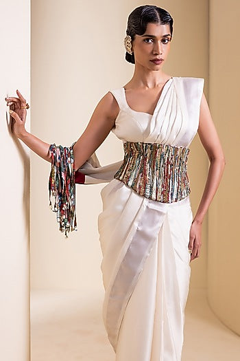 Ivory Satin & Silk Fringed Pre-Draped Saree Set