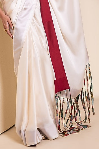 Ivory Satin & Silk Fringed Pre-Draped Saree Set