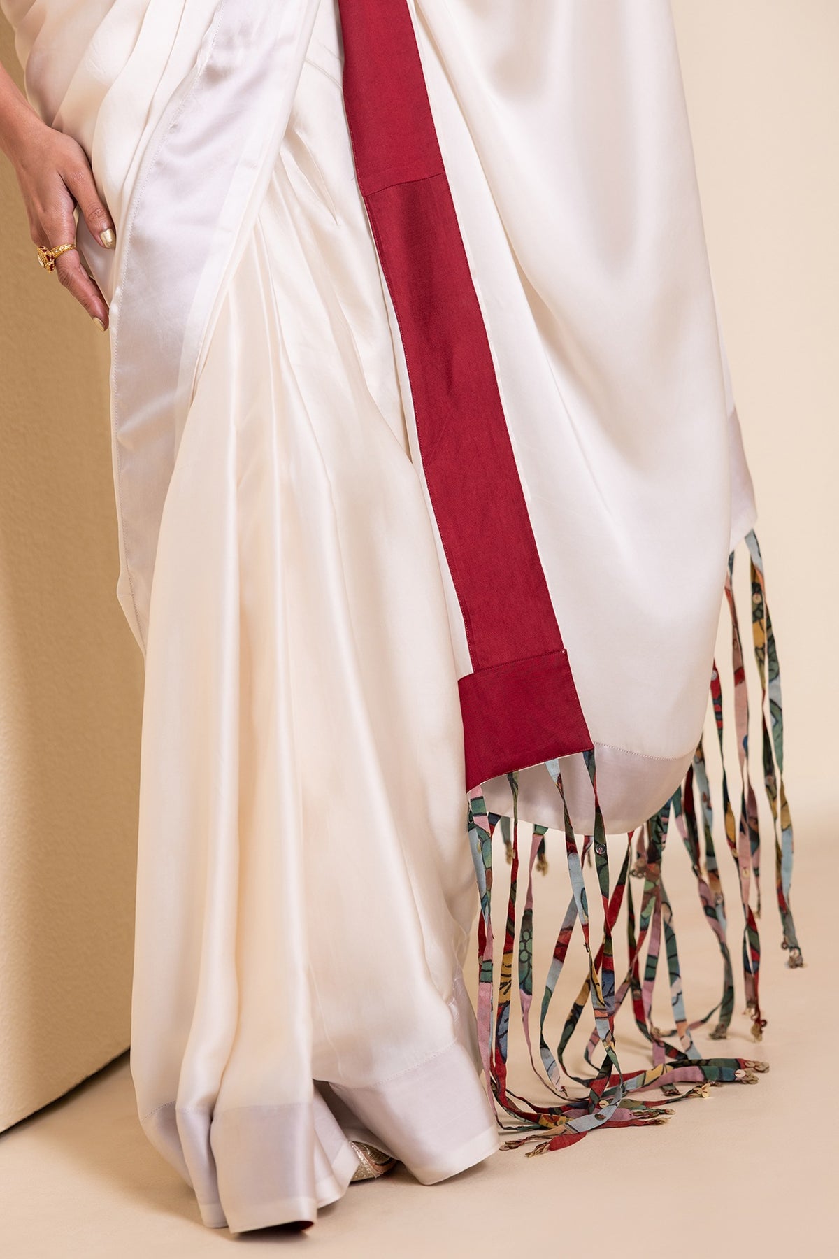 Ivory Satin & Silk Fringed Pre-Draped Saree Set