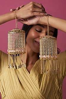 Gold Finish Kaleeras With Pink Beads & Pearls