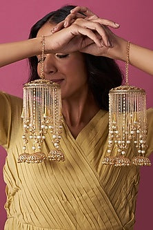 Gold Finish Kaleeras With Faux Pearls & Jhumkas